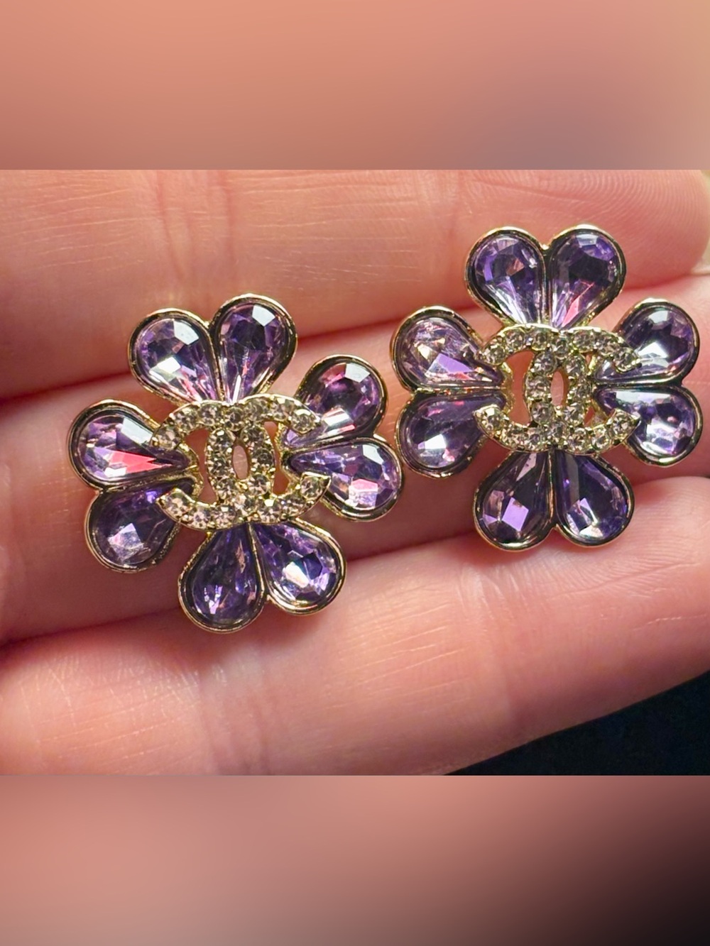 Brand New ! Purple Crystal Flower Earrings